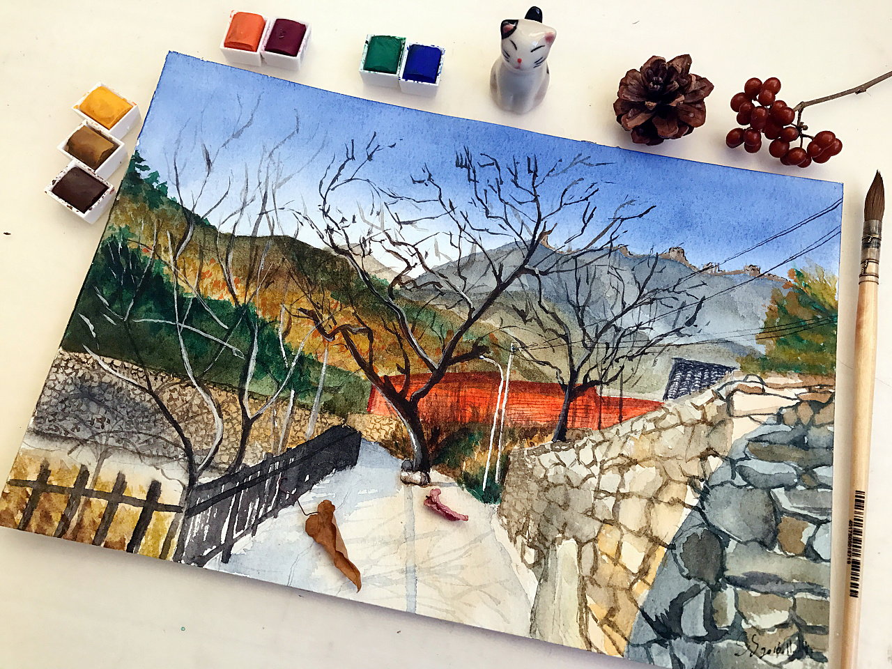 水彩风景 冬日乡村