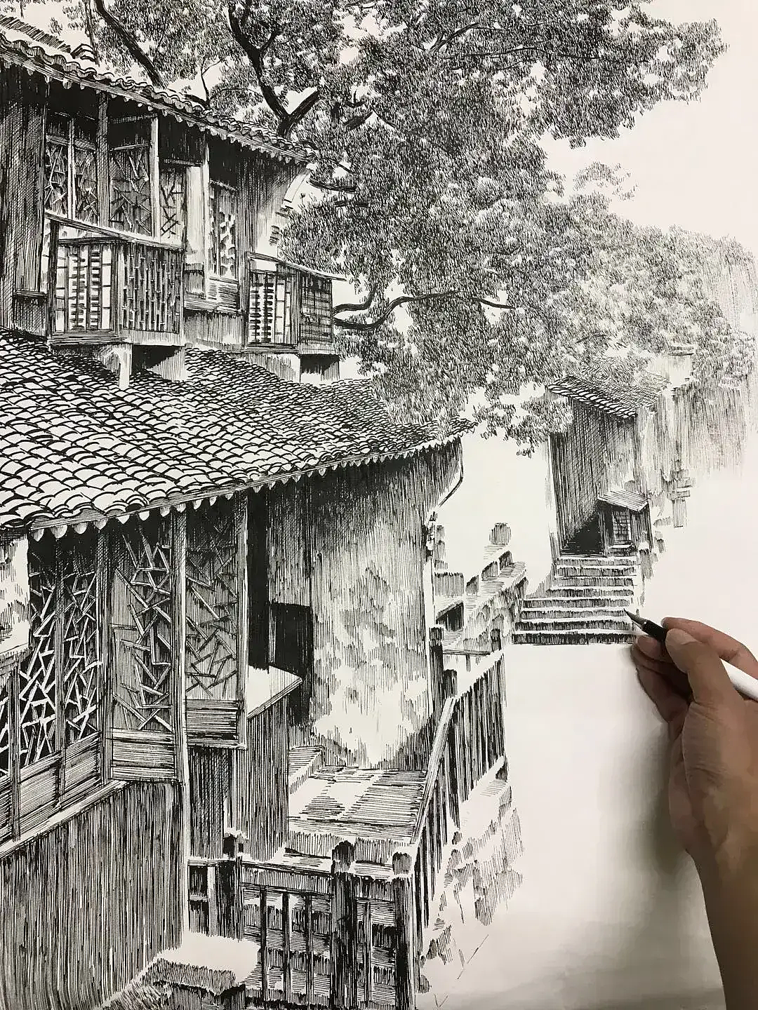 钢笔画江南水乡