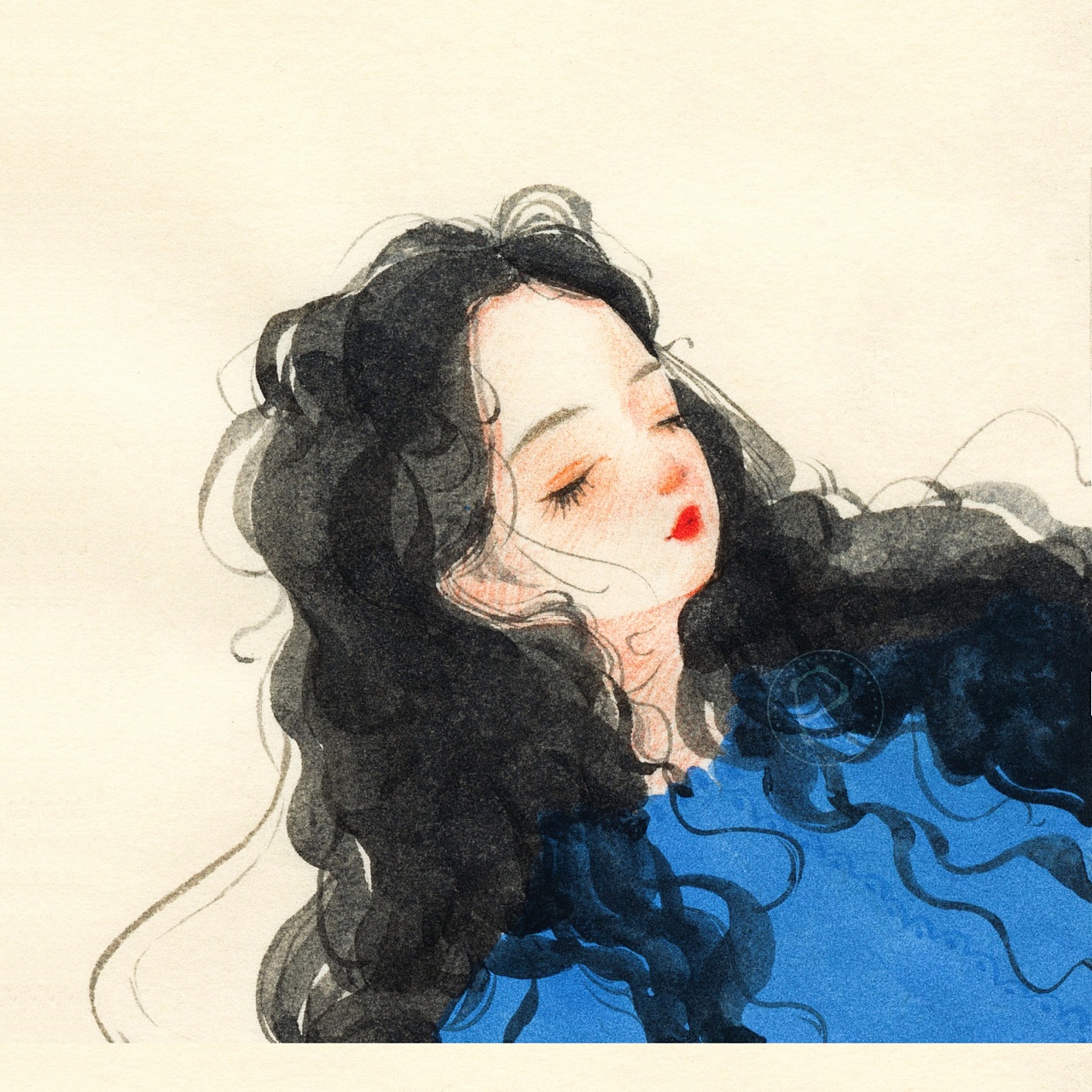 水彩手绘插画少女头像水彩教程壁纸红蓝绝配治愈壁纸