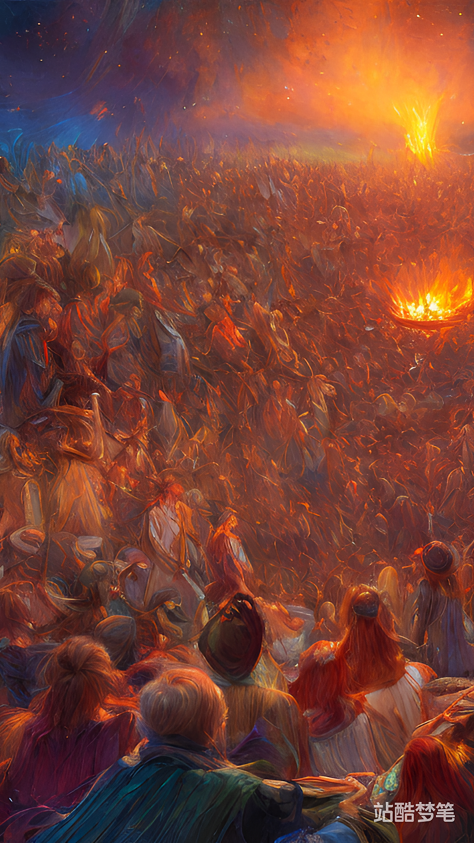 #站酷梦笔#夜空下,人群围着篝火, 色彩浓烈,数字绘