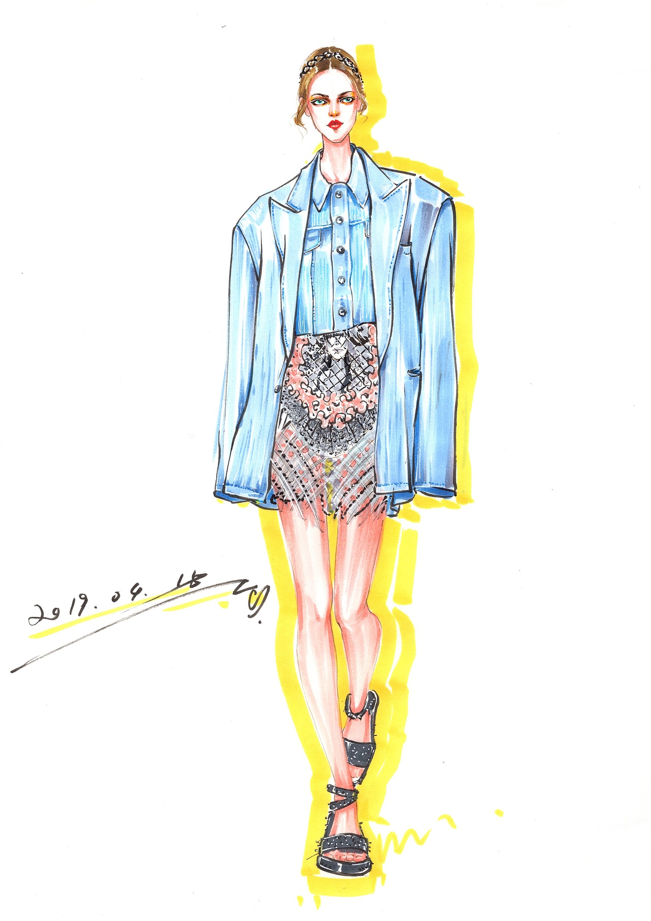 马克笔时装画步骤图～牛仔|服装|休闲/流行服饰|零一手绘_原创作品