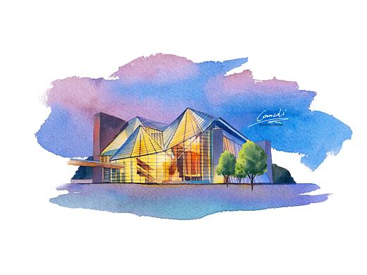 深圳图书馆水彩画