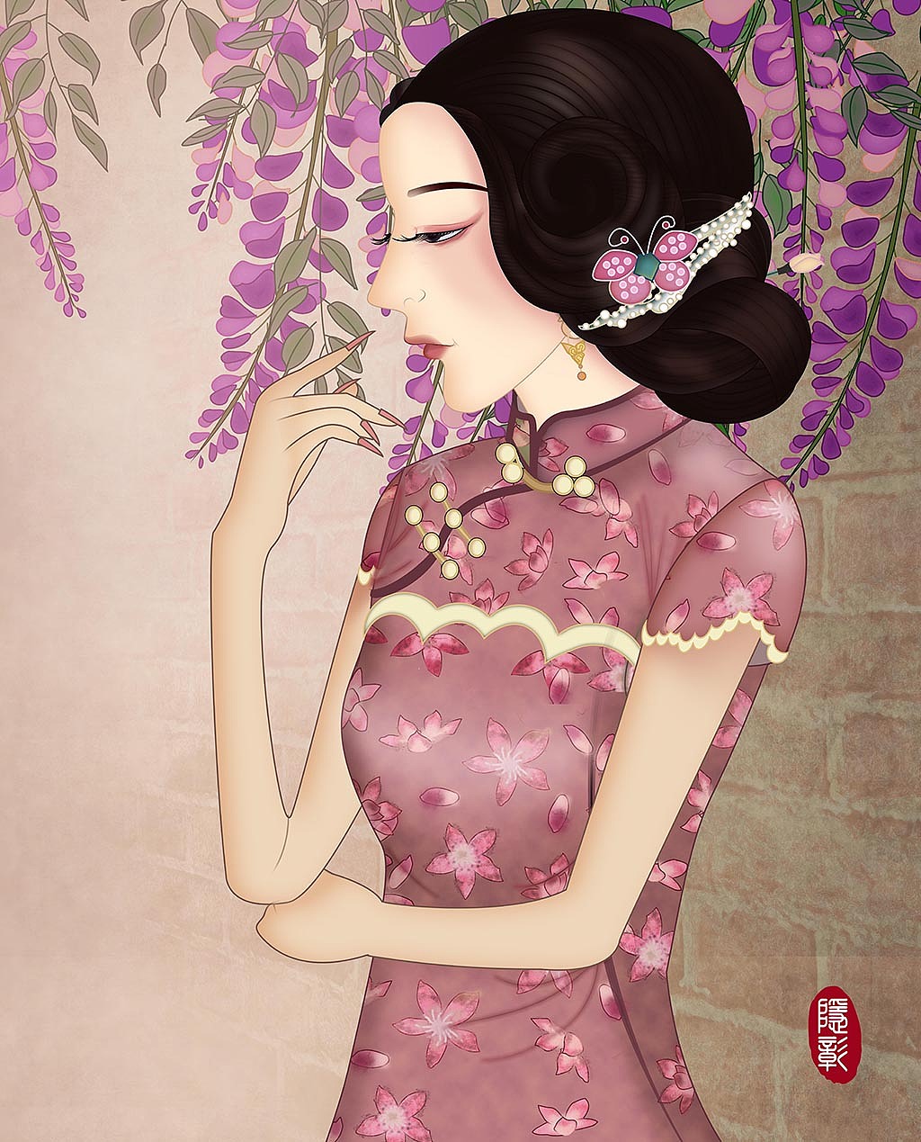 旗袍之美《古书条案山花远山与旗袍美人》