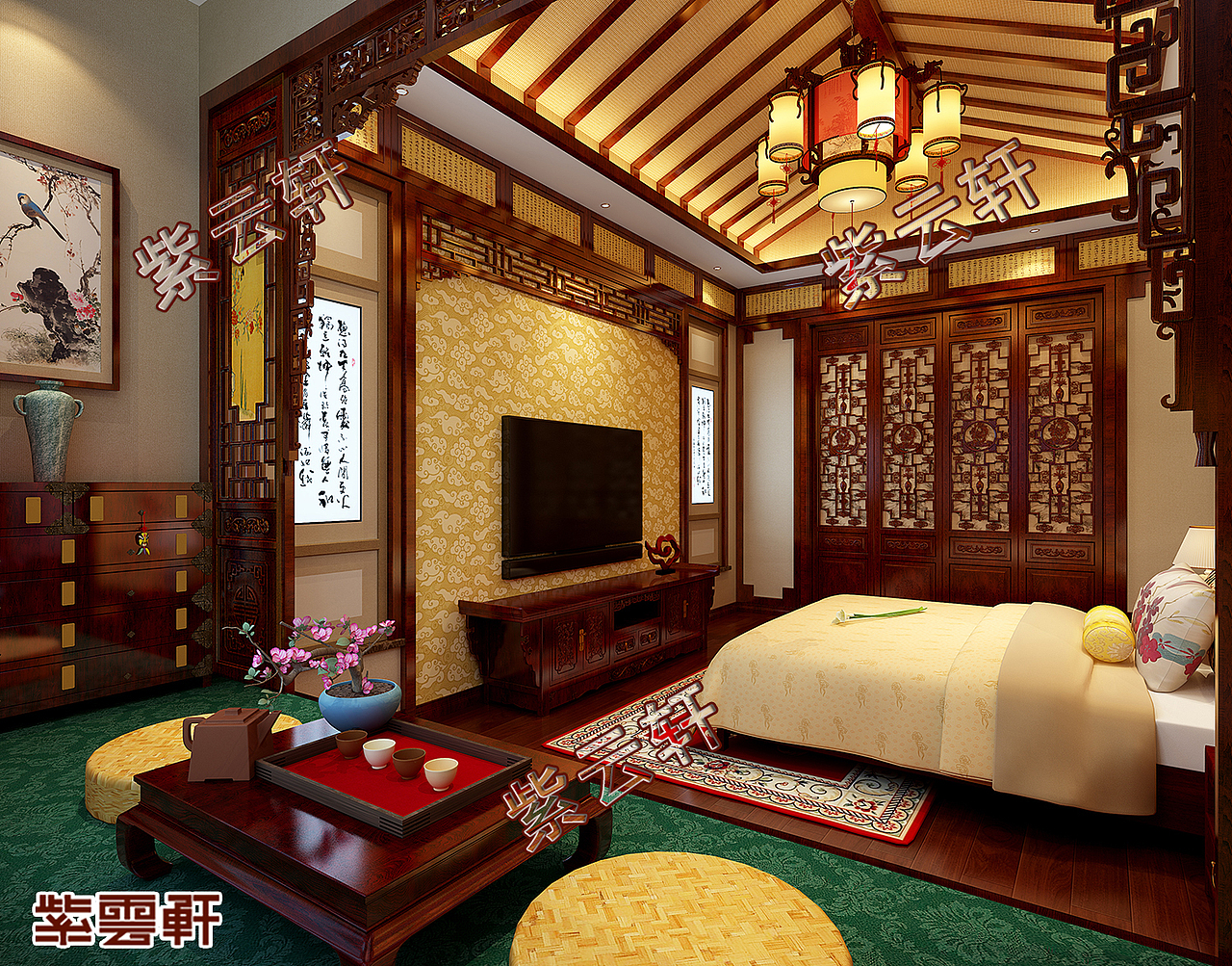 主卧室中式装修 紫云轩