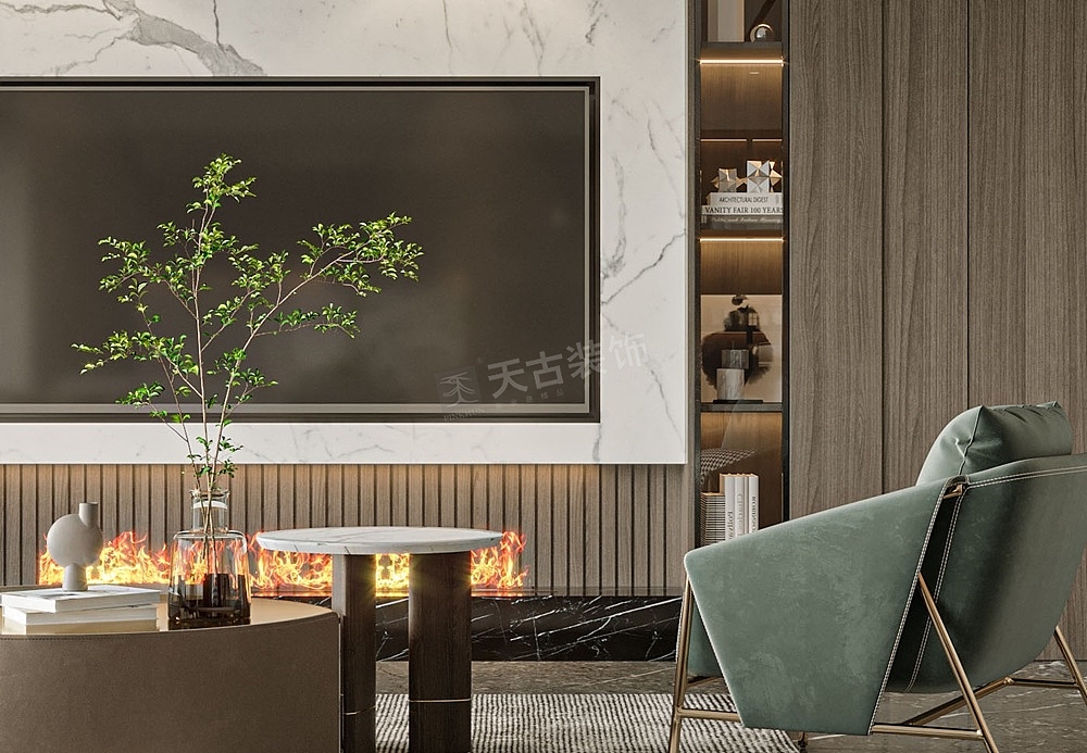 暖色系天然石材配合木质饰面，软装家具的线条质感柔和，打造现代时尚的家居空间；因为业主善于社交，客厅大体量的沙发可以满足业主约来三五好友，畅聊欢愉，让暖色调搭配的客厅更加温暖热烈。