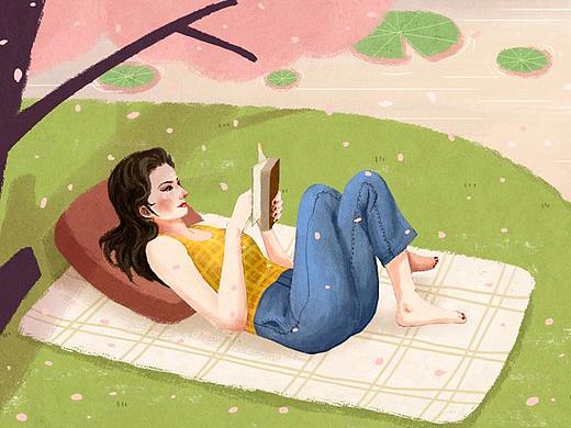 樱花树下看书的女人（个人主页-ZMjY5MjU3OTI=） - 商业插画 - 站酷设计师苅安原创素材 - 站酷ZCOOL