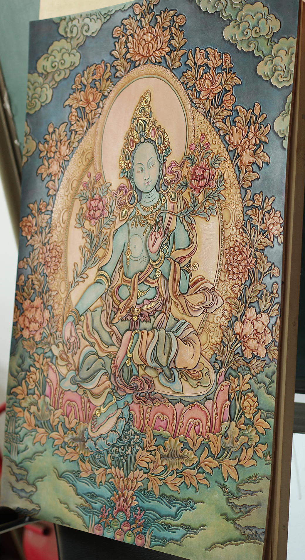 多罗观音绿度母皮雕唐卡