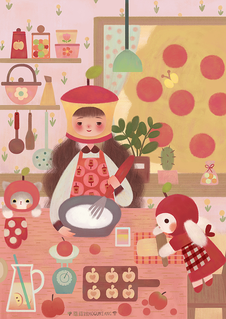 苹果小厨娘和她的小客人们系列（图ZMjQ3MTg4OTU2） - 创作习作 - 站酷设计师蘑菇娘Jenda原创素材 - 站酷ZCOOL