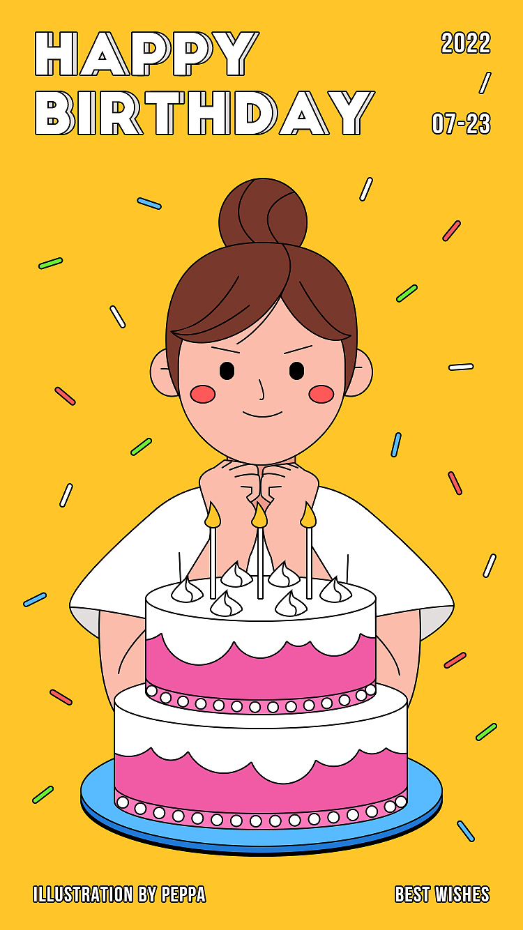 生日女生蛋糕描边创意扁平情感运营插画
