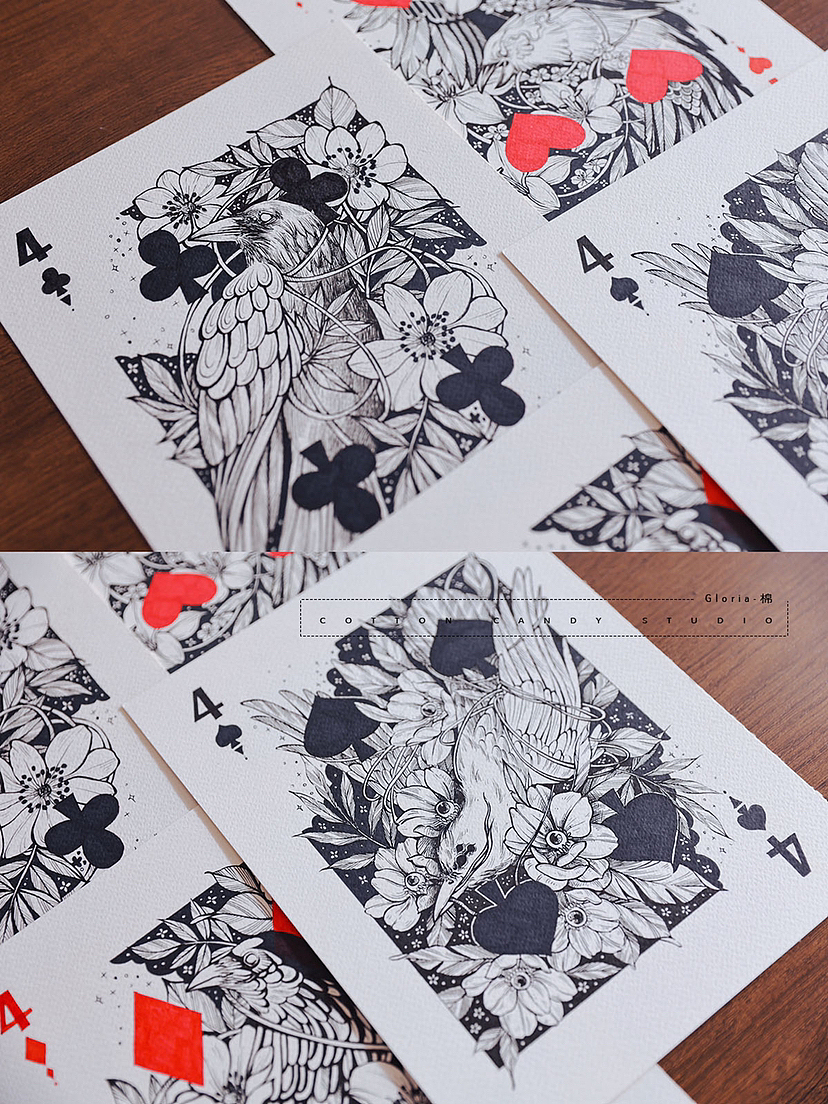 线描装饰画｜手绘一套扑克牌——第16张♣️4（图ZMzE5OTg3NzMy） - 绘画 - 站酷设计师棉花糖Gloria原创素材 - 站酷ZCOOL