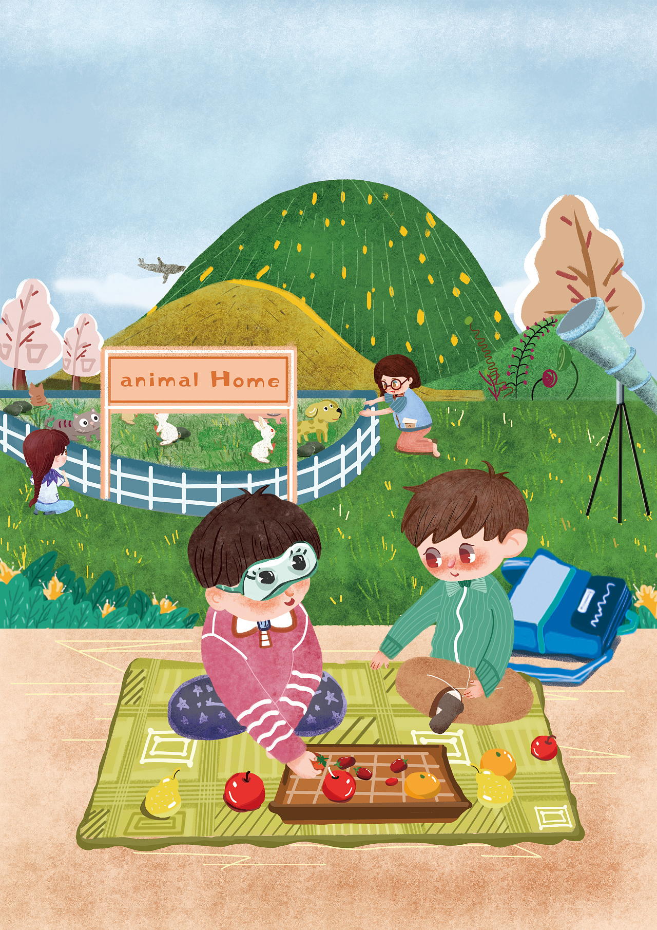 在幼儿园里边,最常见的便是儿童使用的汗巾,将插画应用在实物上,陡耨