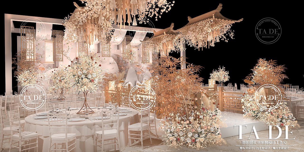 她的婚礼设计工作室 | 新中式3D婚礼设计效果图（图ZMjMwNTk4OTUy） - 舞台美术 - 站酷设计师她的婚礼设计原创素材 - 站酷ZCOOL