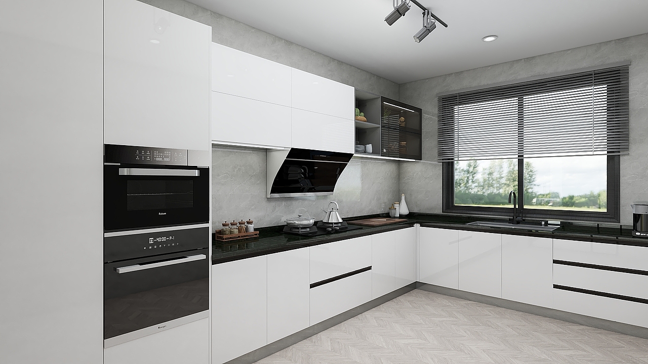 厨房:高柜嵌入蒸箱烤箱,油烟机完美包裹在吊柜里,整体协调统一,开放格