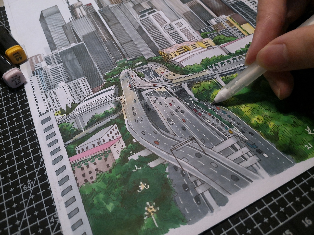 写生马克笔速写cbd场景