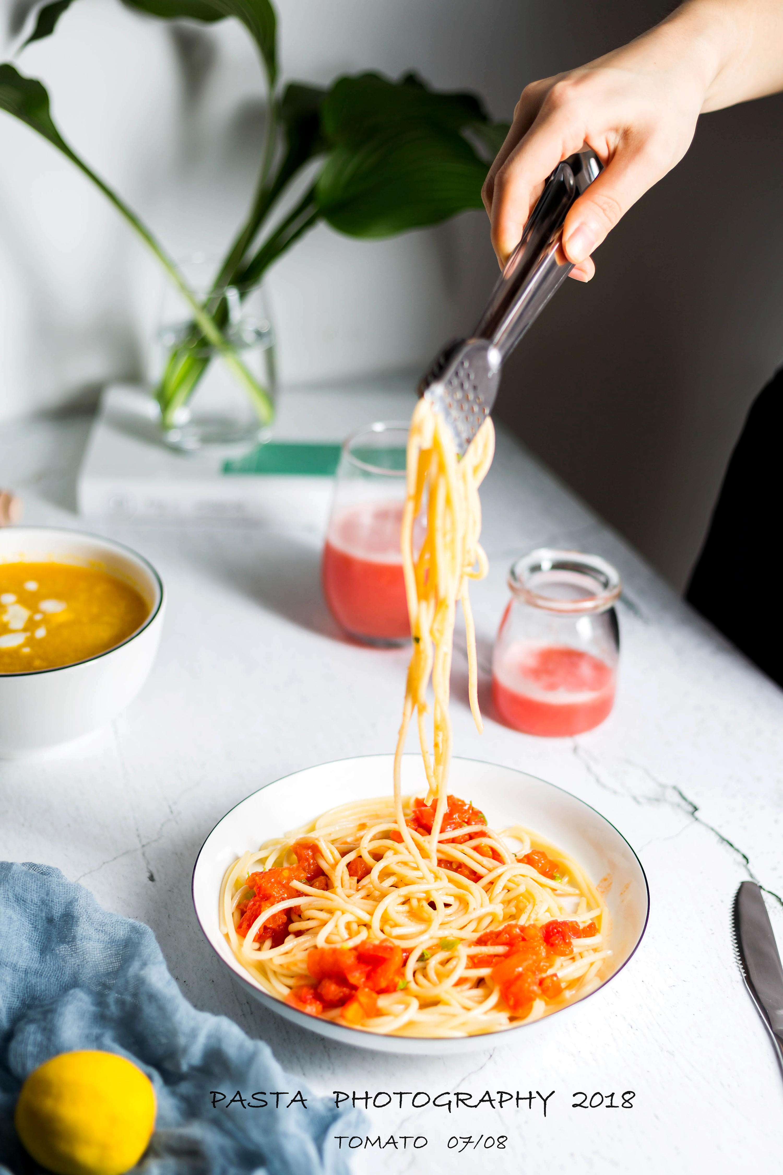 意大利面,南瓜汤拍摄