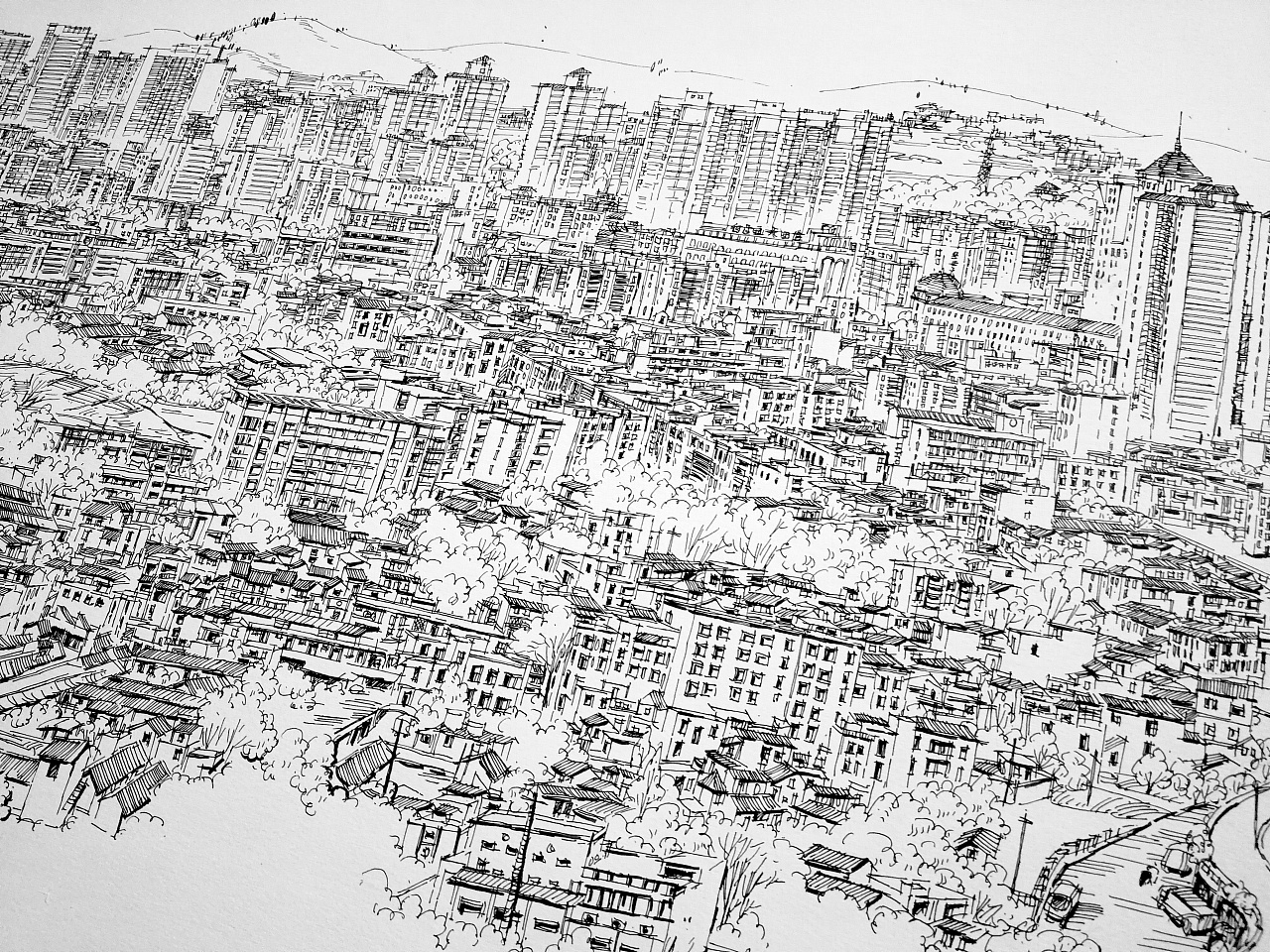 钢笔画 英德全景