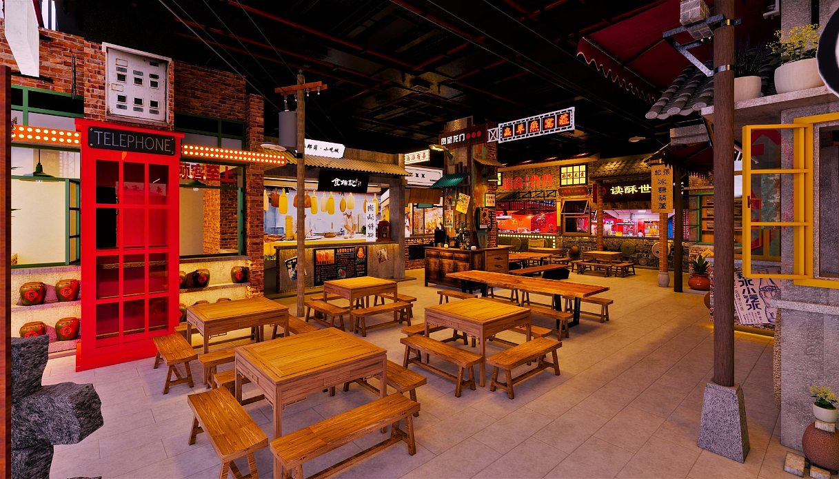 复古风小吃街一个自然舒适的用餐环境