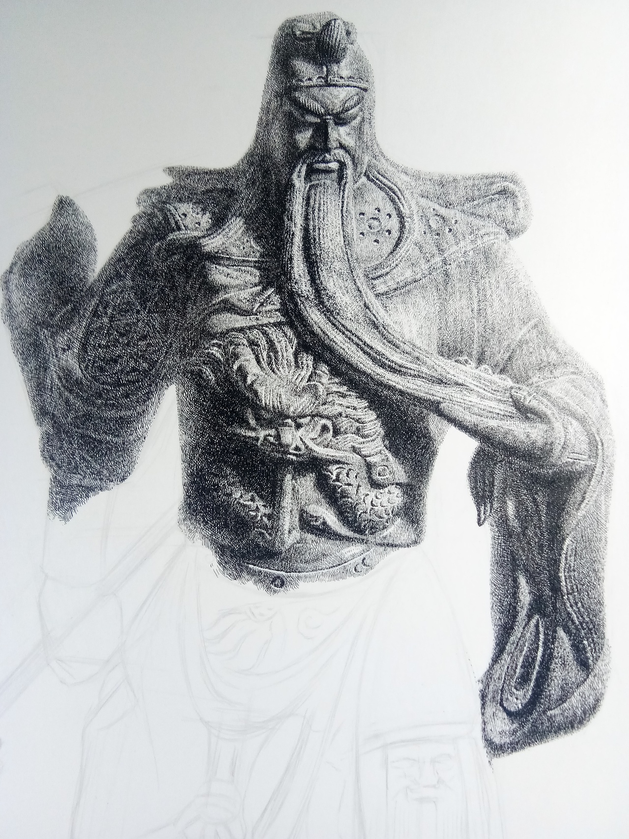 钢笔画《关羽》又旧,刀又破