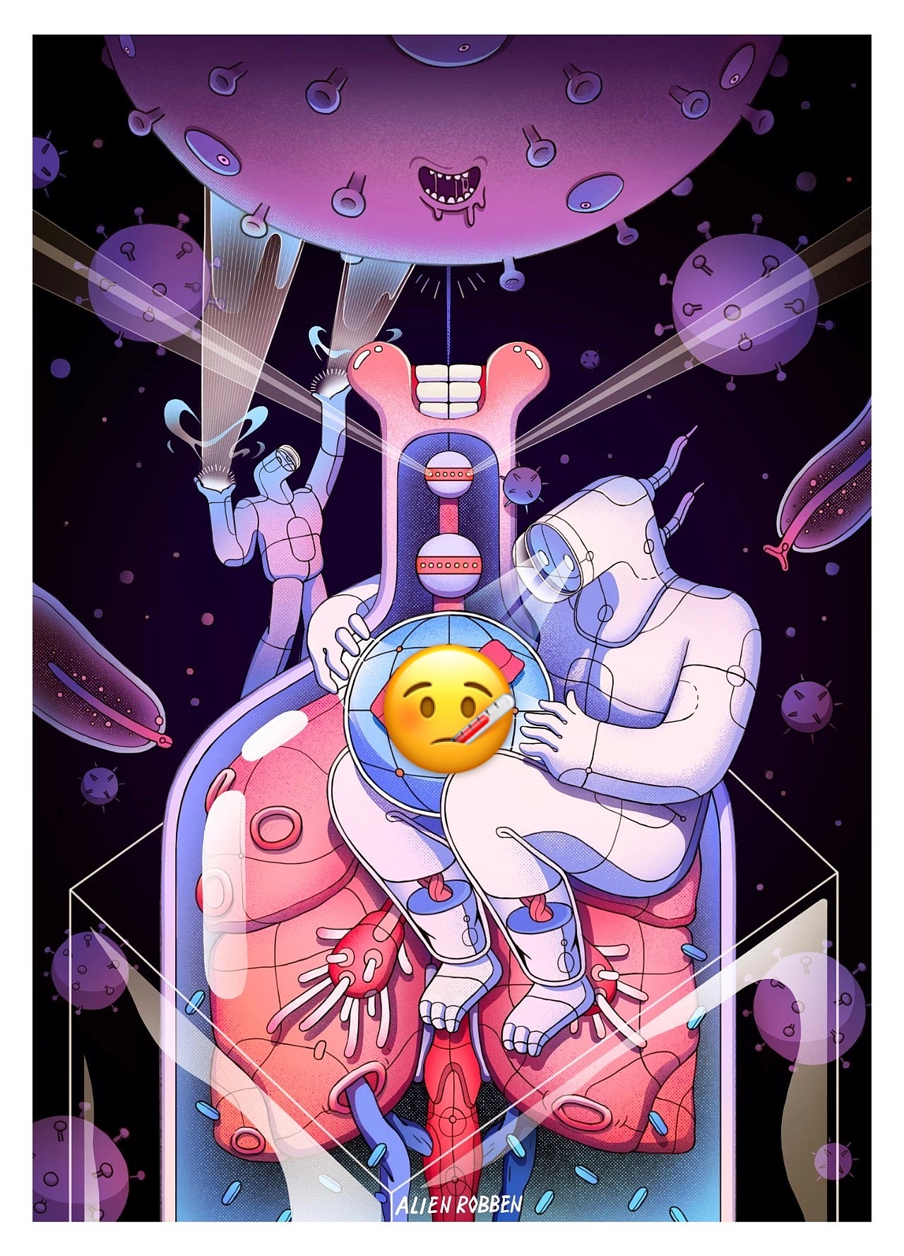 ·创意说明·
画面中间的医护人员拥护着地球,<br>正在给被病毒感染的地球做治疗<br>他的手臂挽住了装着肺的瓶子,<br>瓶子将病毒隔离在外<br>瓶嘴用奋力咬牙的嘴巴<br>表示抵抗病毒的决心和保护人民的忠心<br>瓶口嵌入了东方明珠的元素代表上海<br>瓶子后面的医护人员<br>正在竭尽全力对抗围绕在我们身边的病毒<br>