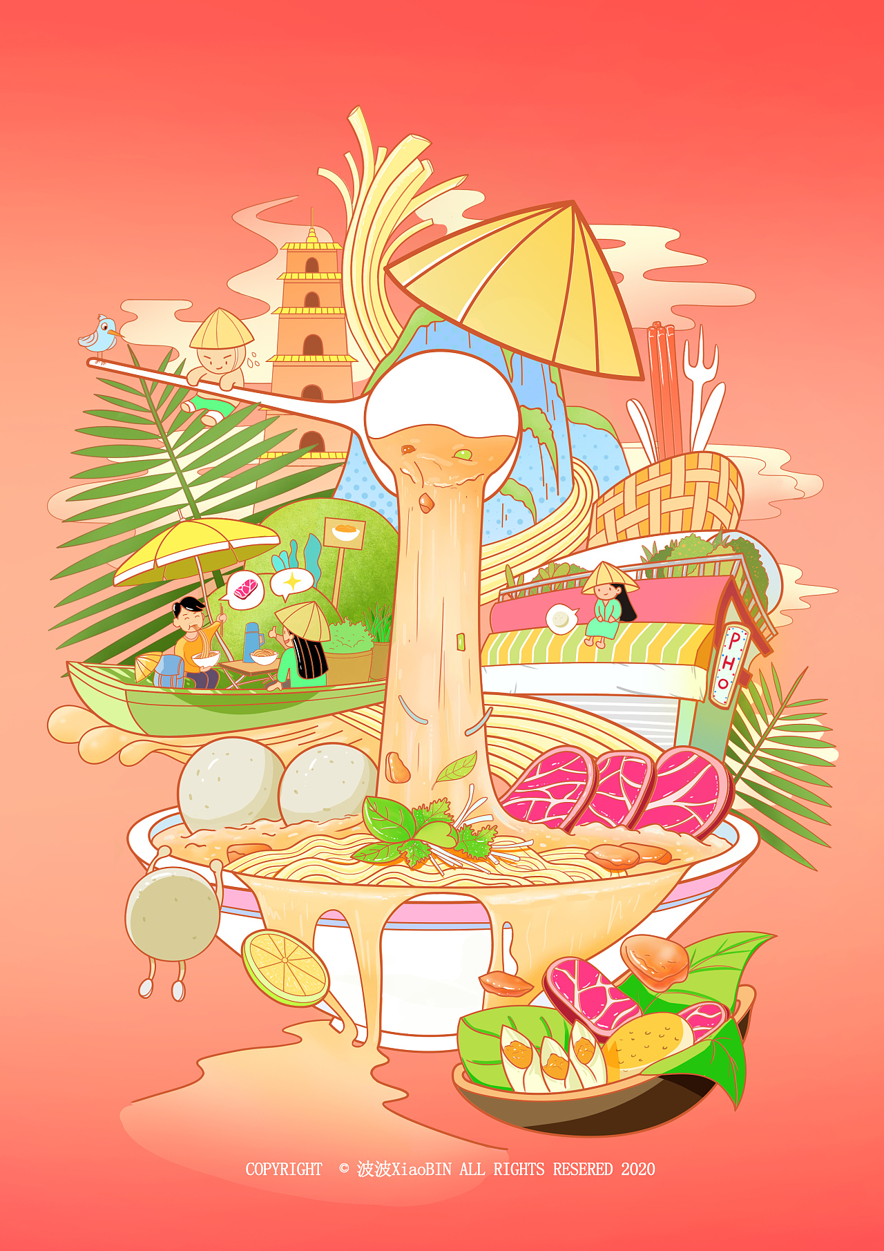 越南火车头牛肉粉|插画|商业插画|波波xiaobin - 原创作品 - 站酷