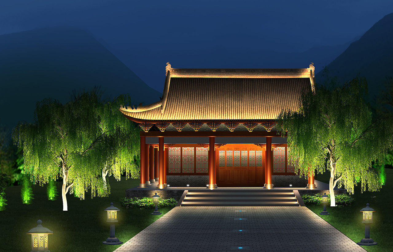 一个小庙夜景亮化图