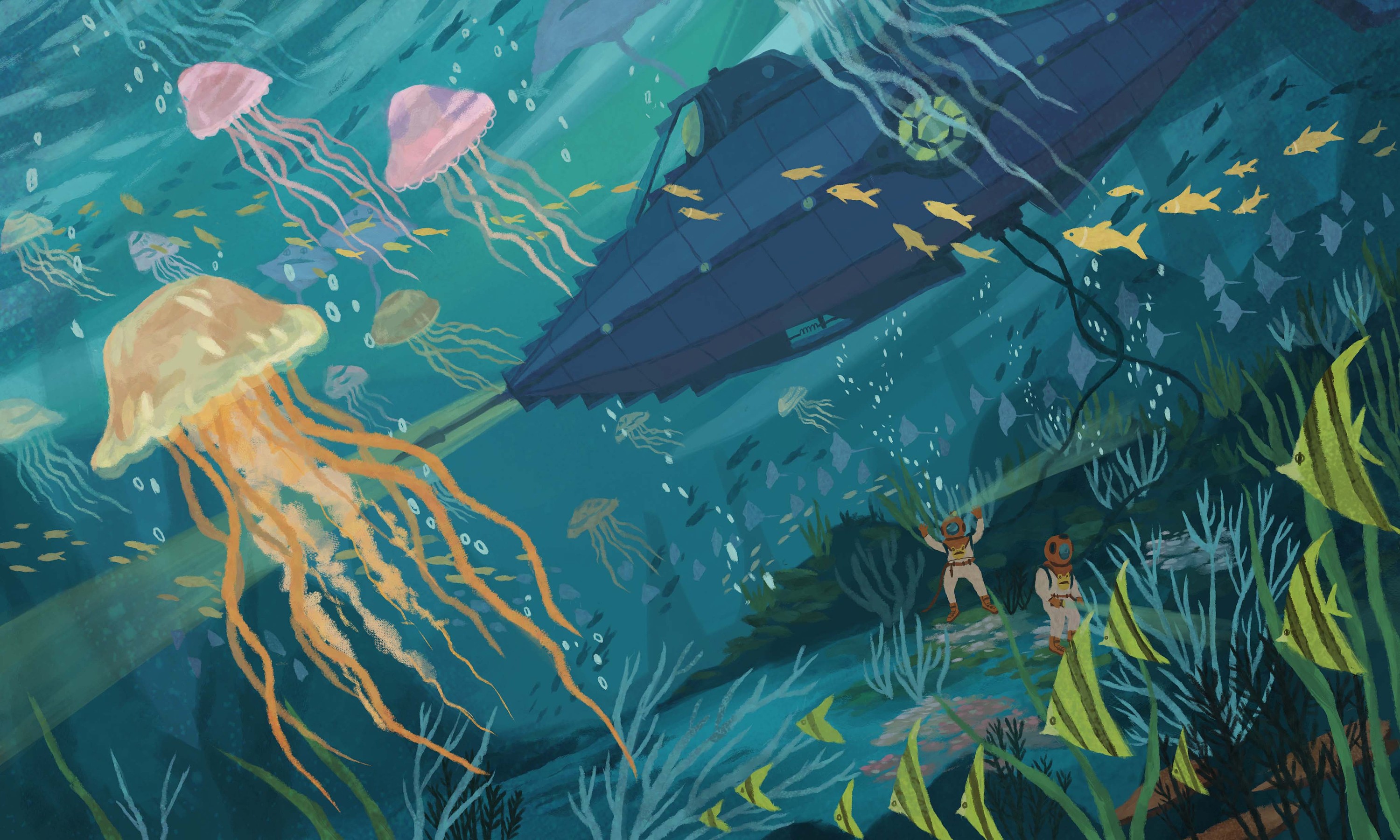 夏天唯美海洋海底世界卡通儿童手绘插画图片-千库网