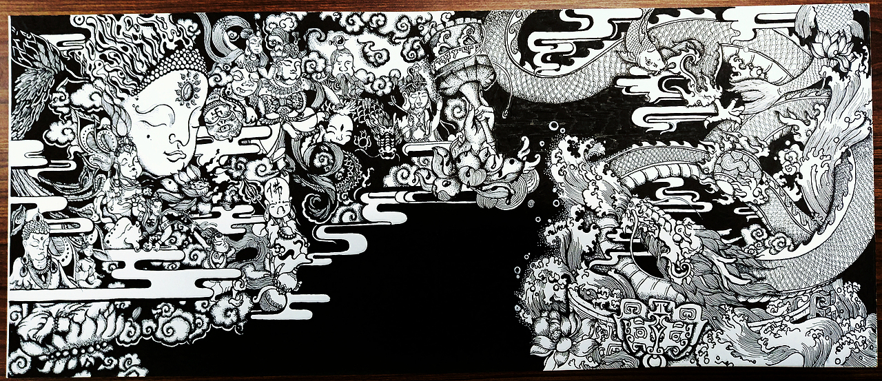 降龙——黑白插画 中国风 龙