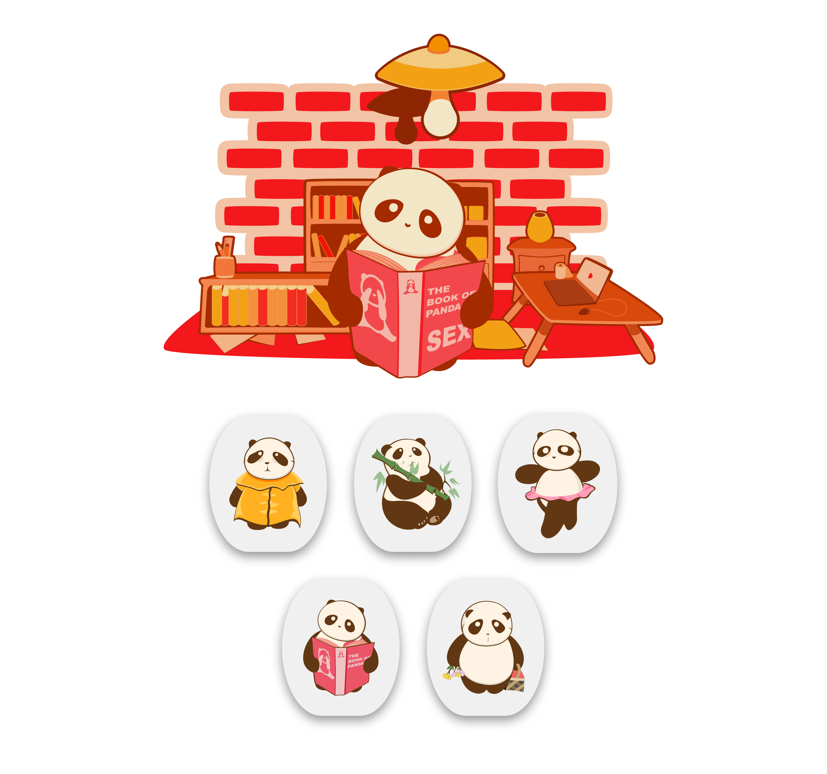 5只熊猫吉祥物 各配插画【扁平化】
