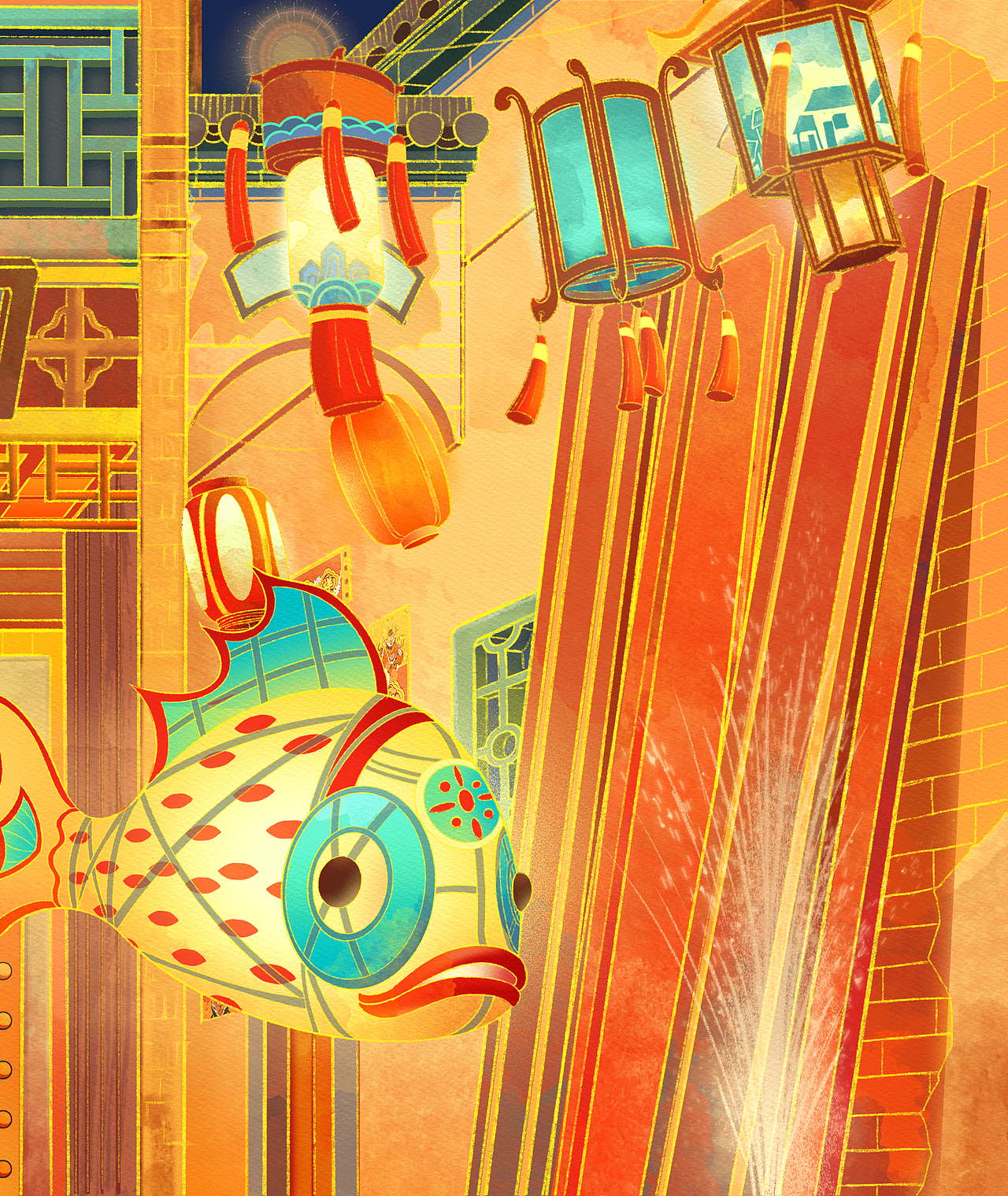 元宵鱼灯灯会插画