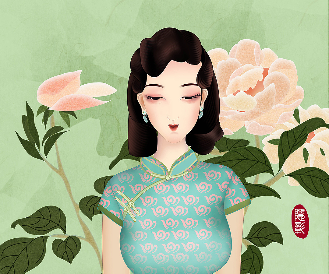 瓶花打伞唯美古风旗袍美人|插画|商业插画|隐彰 - 原创作品 - 站酷