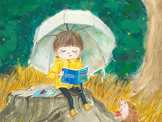 下着雨，我在伞下静静的看书-儿童水彩插画