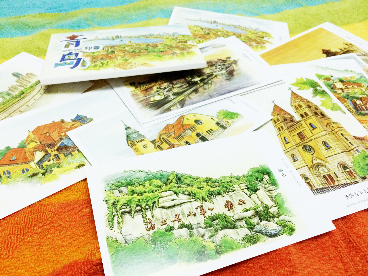 青岛风景彩铅手绘明信片