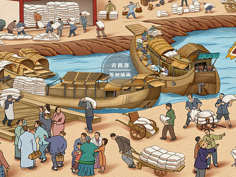 古代码头货运繁华场景