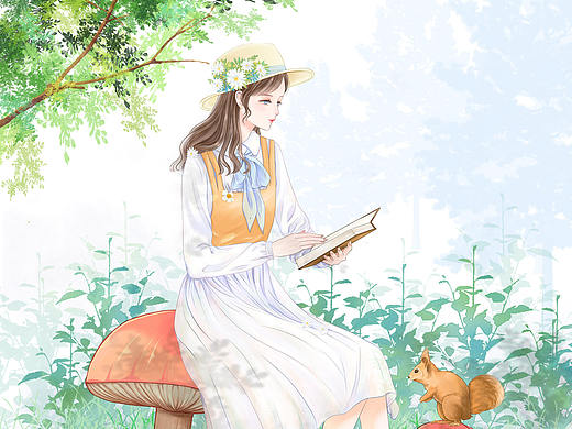 坐在蘑菇上看书的少女   内插