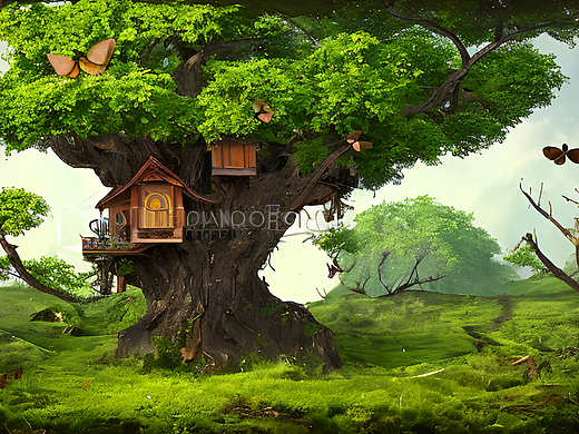 #站酷梦笔#一棵古老的树，枝叶茂密，把树屋围绕在其中
