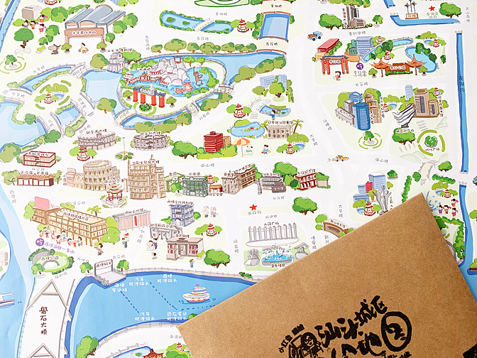 汕头原创手绘城区地图明信片 潮汕姑娘小红鱼编绘