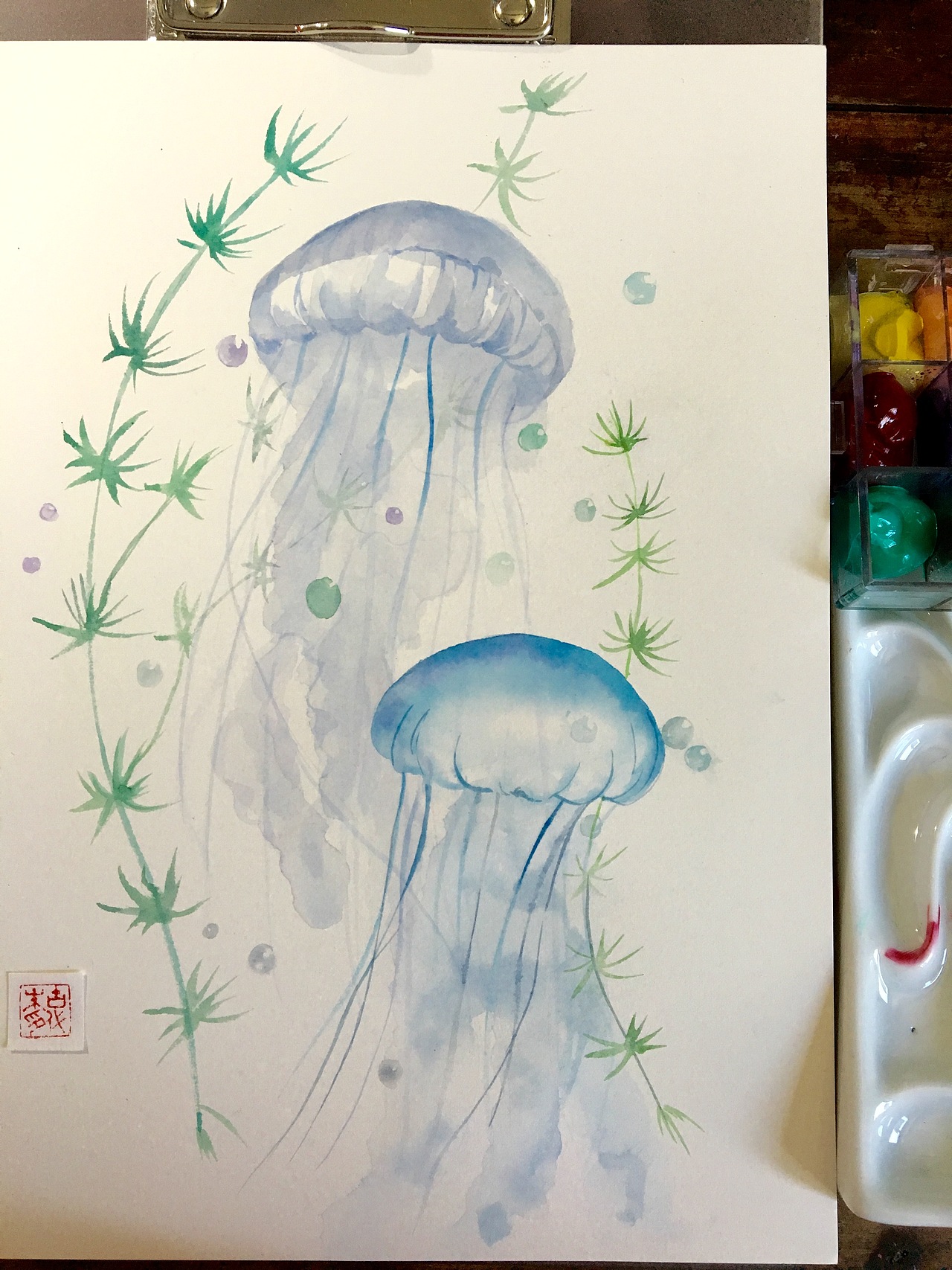 水彩插画 水母 大海