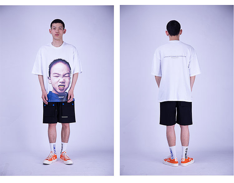 短袖潮流小孩嘻哈宽松复古潮牌街舞五分袖情侣装