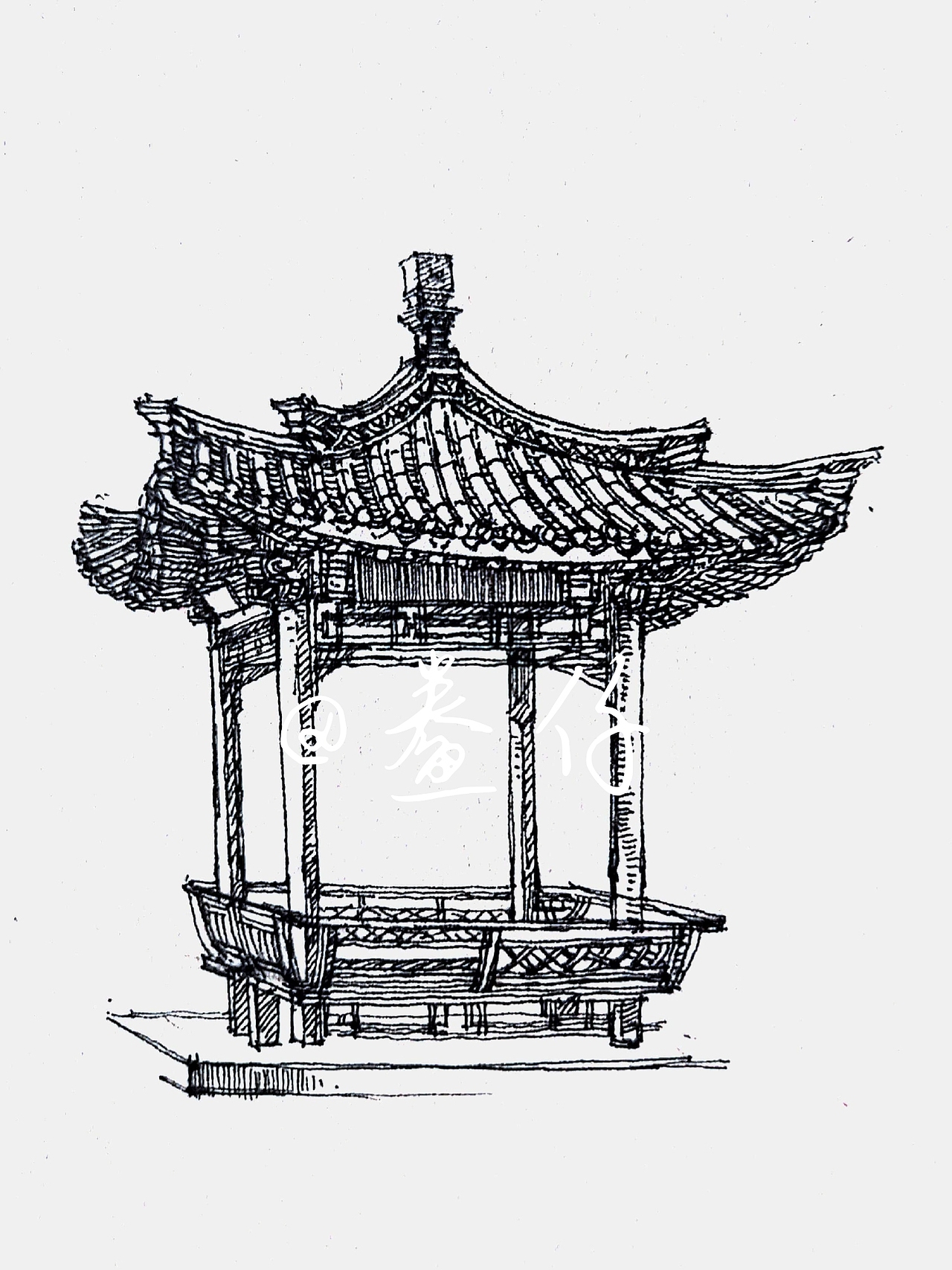 凉亭钢笔画速写