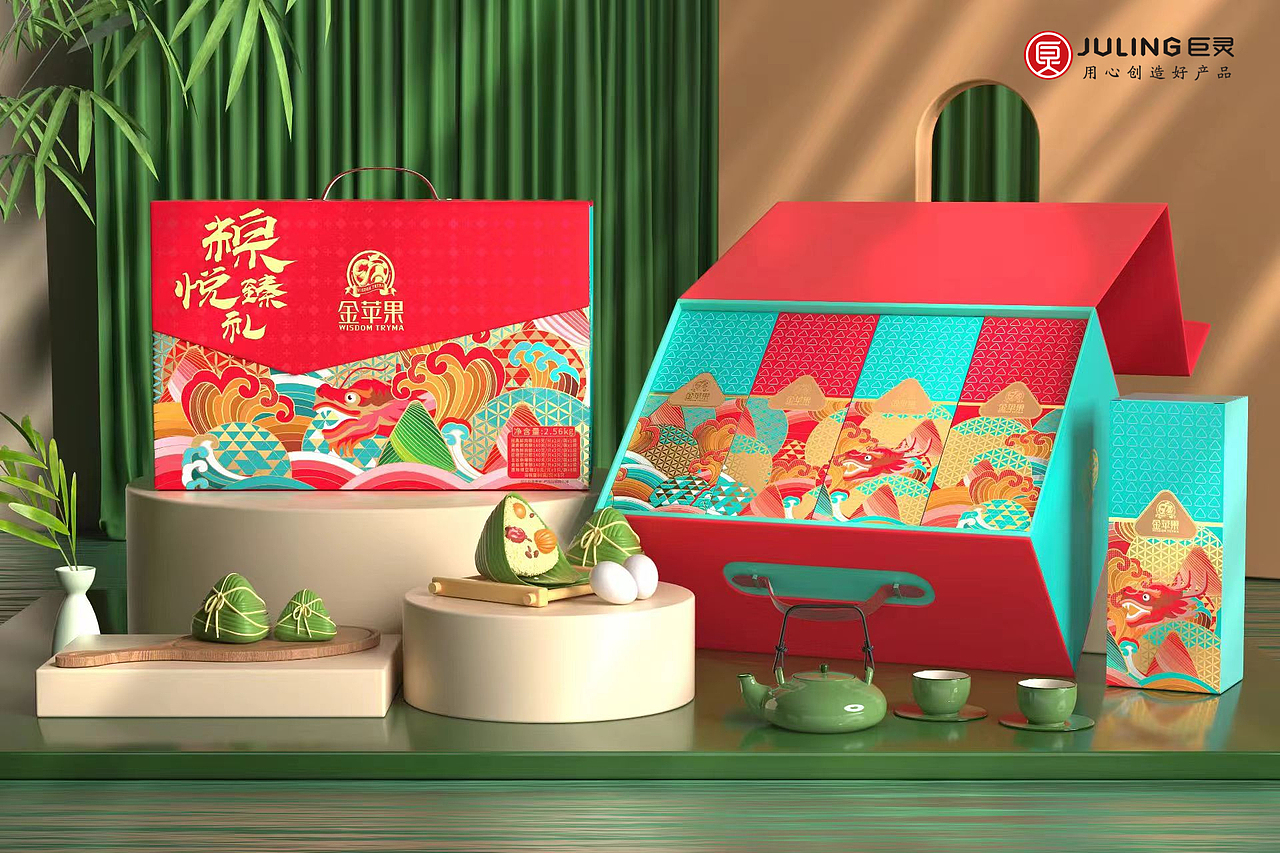 巨灵设计|精致传统中国风金苹果粽子礼盒