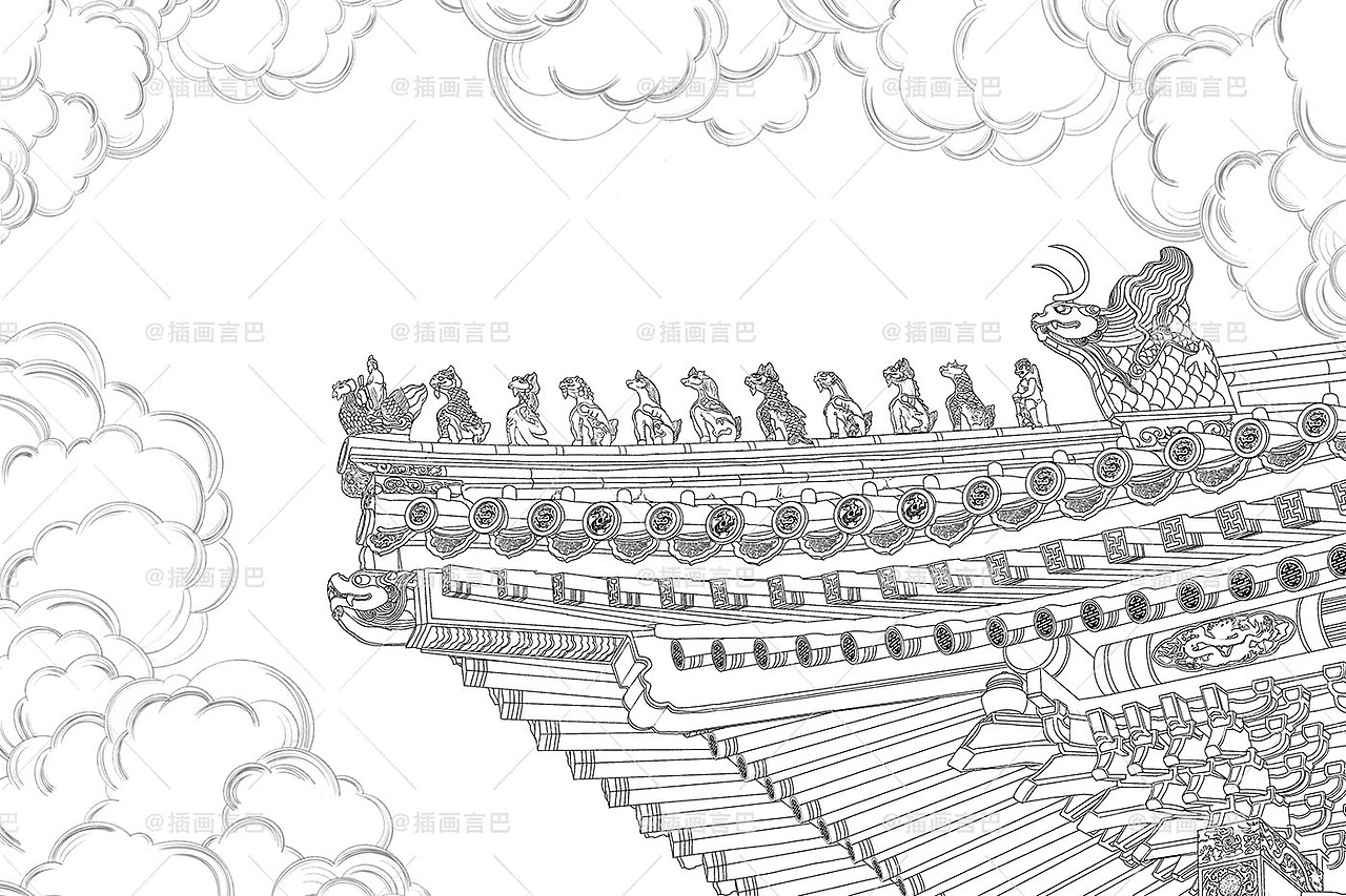 2原创作品插画商业插画时尚插画宣传海报插画故宫太和殿线稿采莲插画