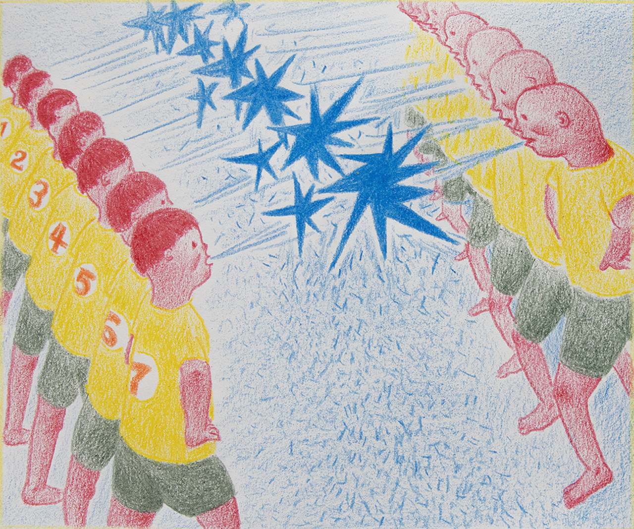 5· 对阵
武七与他的六个哥哥一起<br>结成排，与意见相对者<br>互相用“结石”喷射对方<br>瞬时间，“噼里啪啦”地响个不停<br>