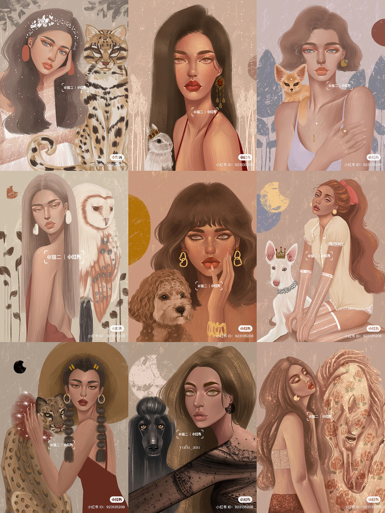 复古风女孩和动物（图ZMzE5MDYxMTAw） - 商业插画 - 站酷设计师猫二yufu_am原创素材 - 站酷ZCOOL
