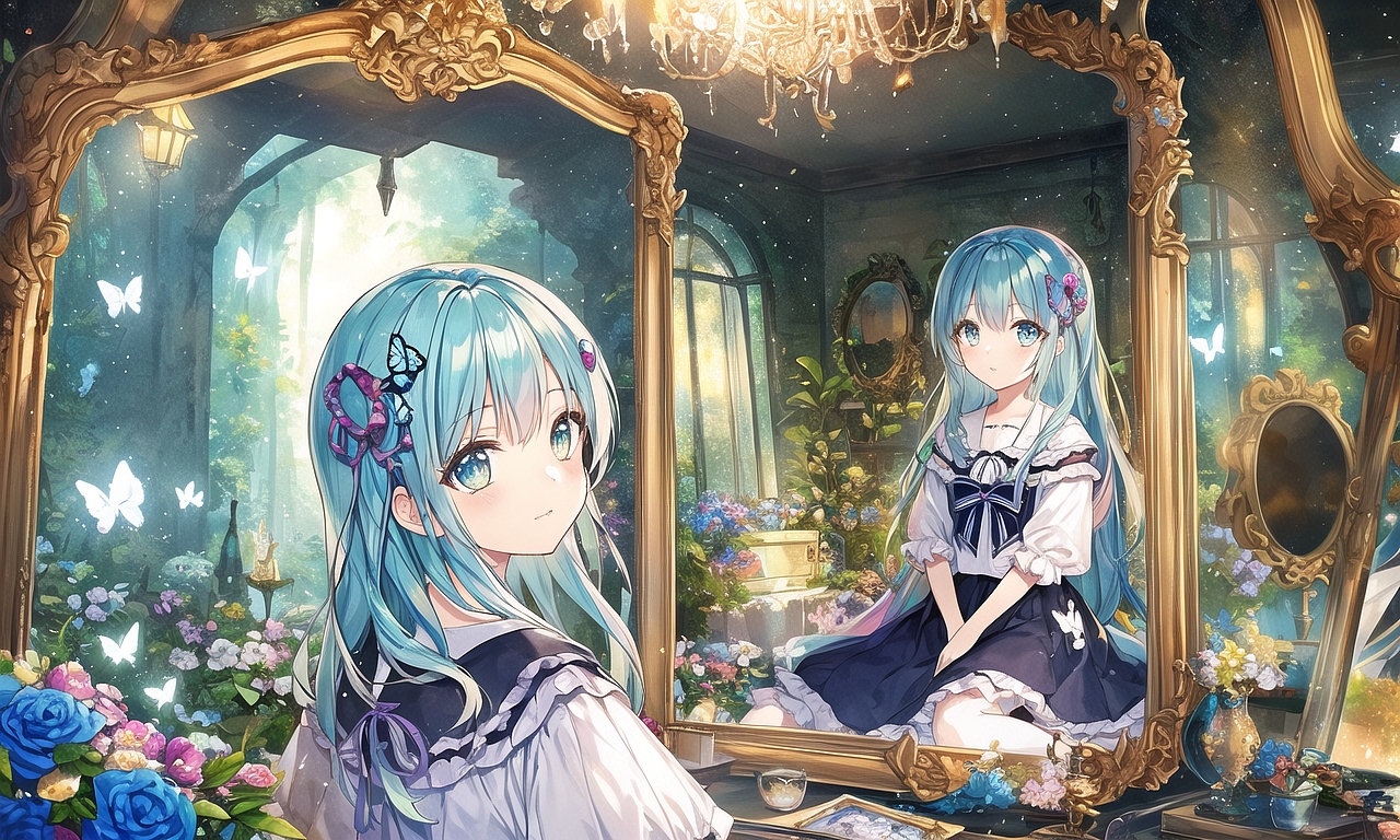 【喵酱AI绘图】住在华丽房间里的少女,但是喜欢照镜子