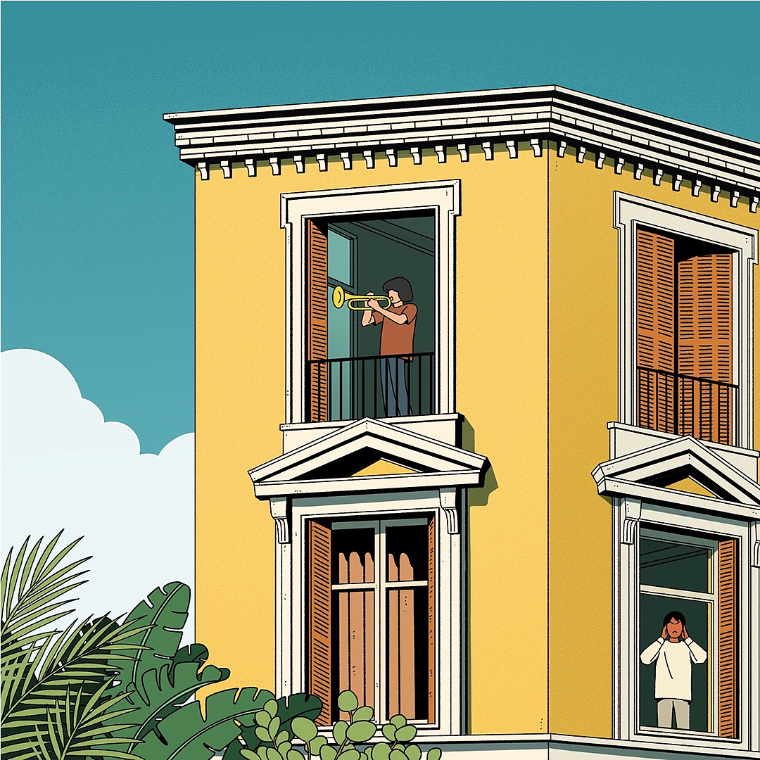 最近晚上偶尔楼下有人吹管乐,我觉得还不错,有种身处码头的感觉,不过有时候可能是22点后了,有邻居抱怨吵