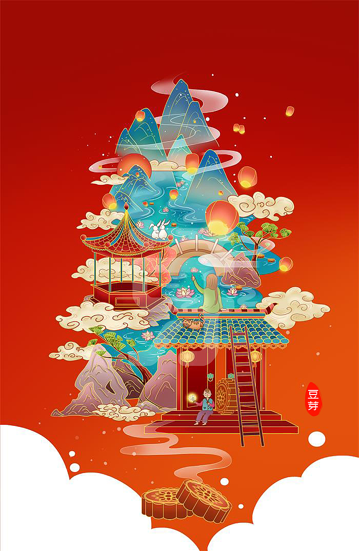 中国传统节日八月十五中秋节微观插画