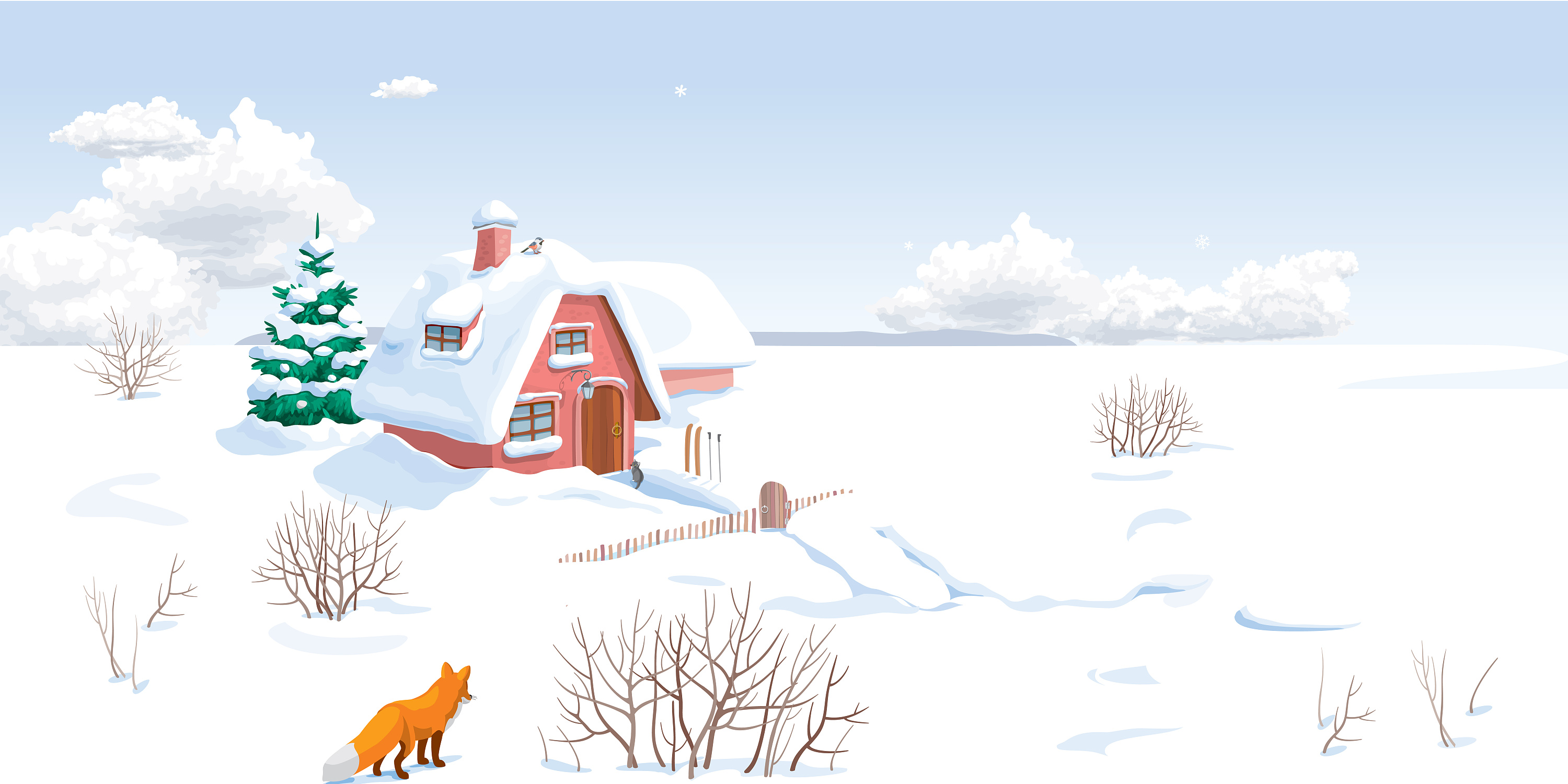 插画作品:日落及风景插画,雪地及城市日落场景