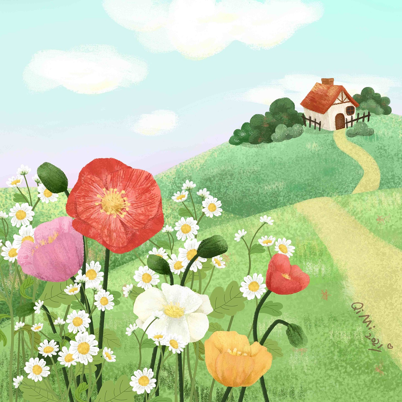 虞美人盛开的山坡|插画|商业插画|qimi爱画画 - 原创作品 - 站酷
