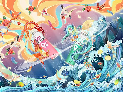 凤凰蛟龙天空海浪，哇哈哈国潮插画