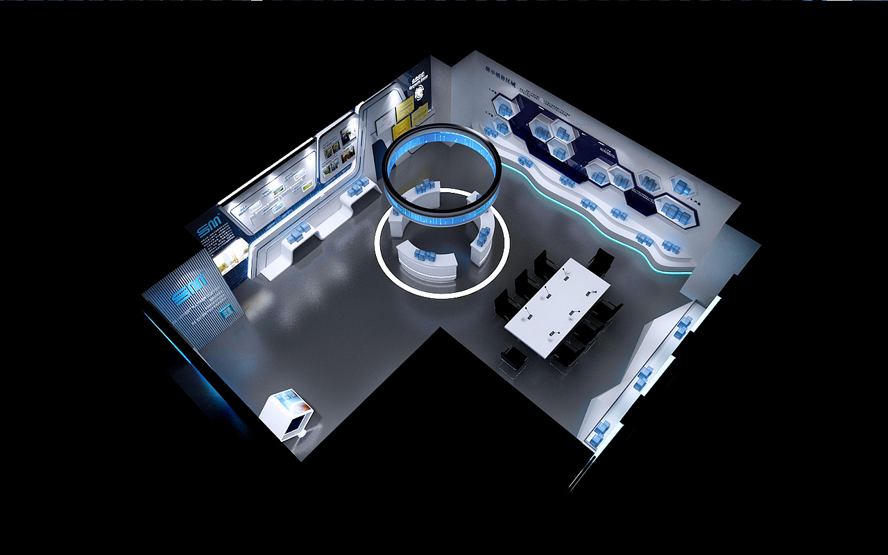 OY展厅科技风蓝白系3D设计效果图